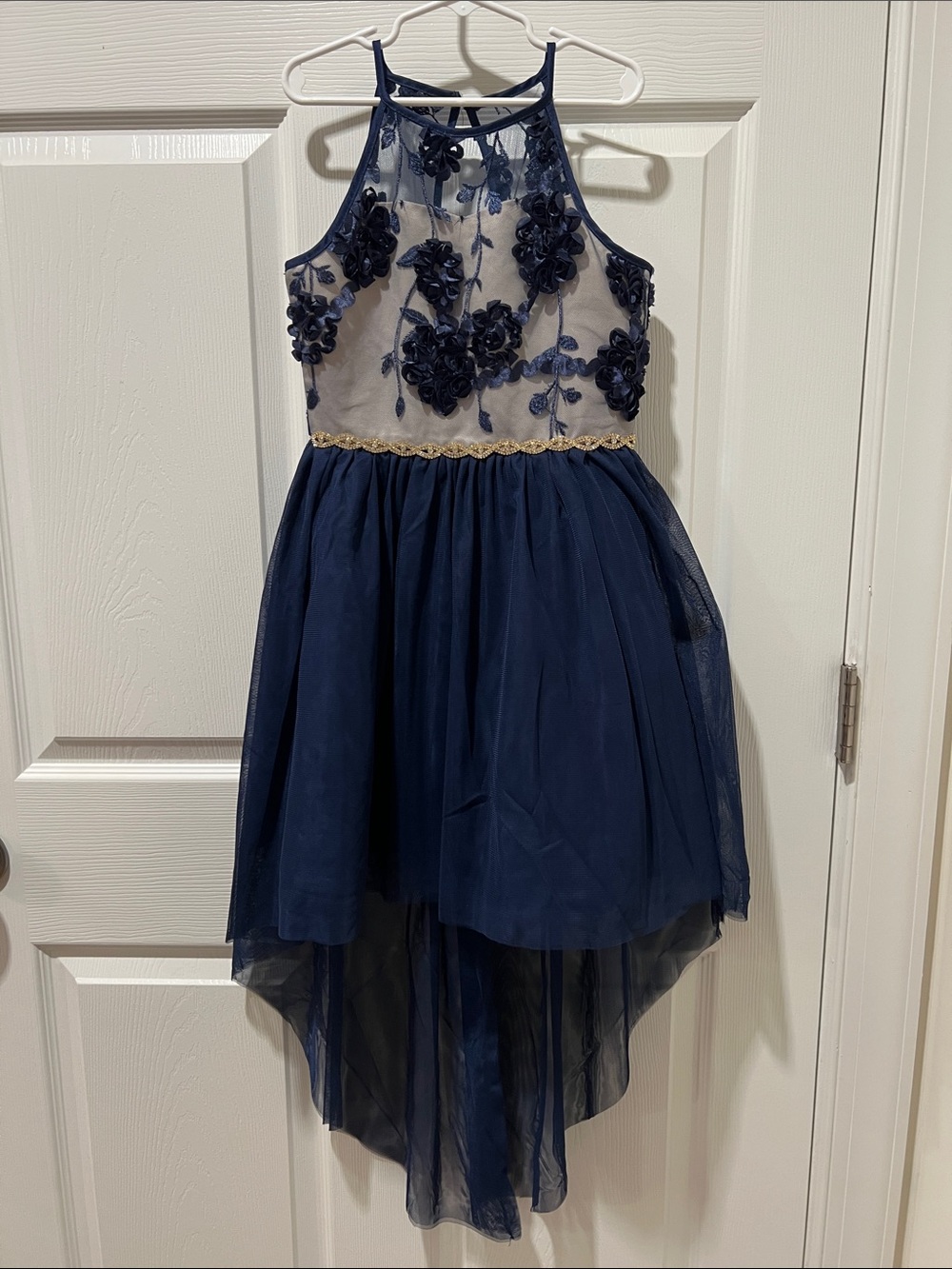 Rare Editions Navy and Gold Floral Appliqué High-Low Dress